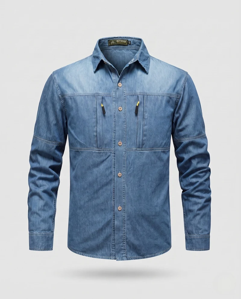 Herren Jeanshemdjacke im Arbeitskleidungsstil mit Reißverschluss-Brusttaschen Nord Taschen