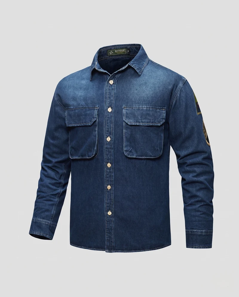 Herren Denim-Hemdjacke mit doppelten Brustklappen und Ärmelflicken Nord Taschen