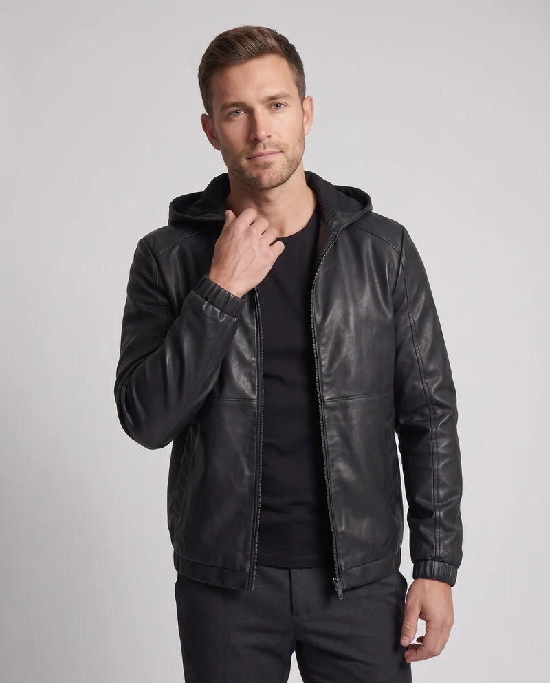 Herren Hoodie Blouson in Lederoptik mit minimalem Reißverschluss vorne und elastischen Bündchen Nord Taschen