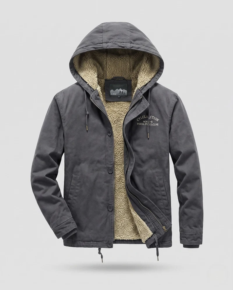Herren Kapuzen Canvas Jacke mit vollem Teddyfutter und einstellbarem Saum Nord Taschen