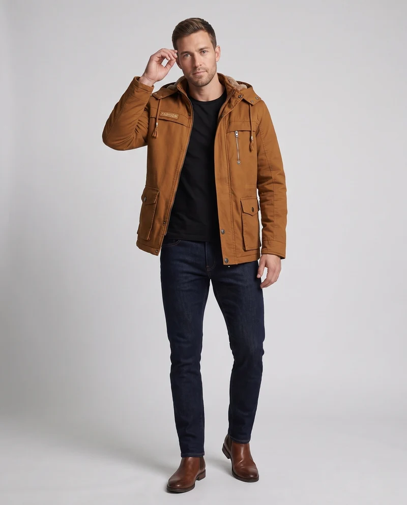 Herren Feldjacke mit Kapuze und Teddy-Futter sowie Multifunktionssch pockets Nord Taschen