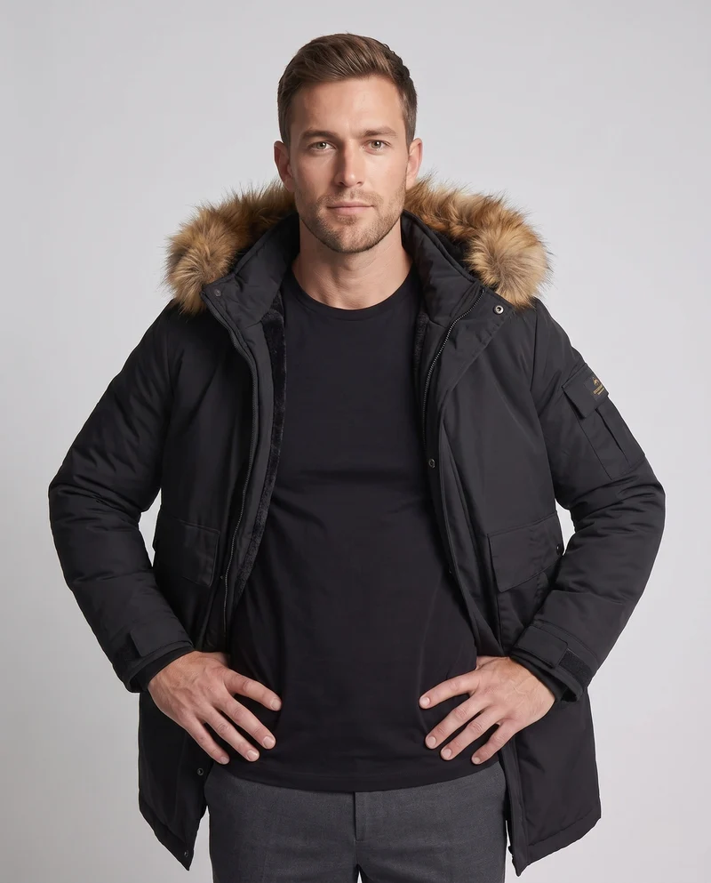 Herren Arctic Utility Parka mit Sherpa-Futter, abnehmbarer Kunstpelzkapuze und verstellbarem Zugband Nord Taschen