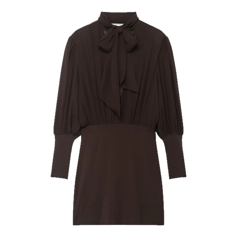 Damen Midikleid mit Schleifenkragen und plissierten Ballonärmeln Nord Taschen