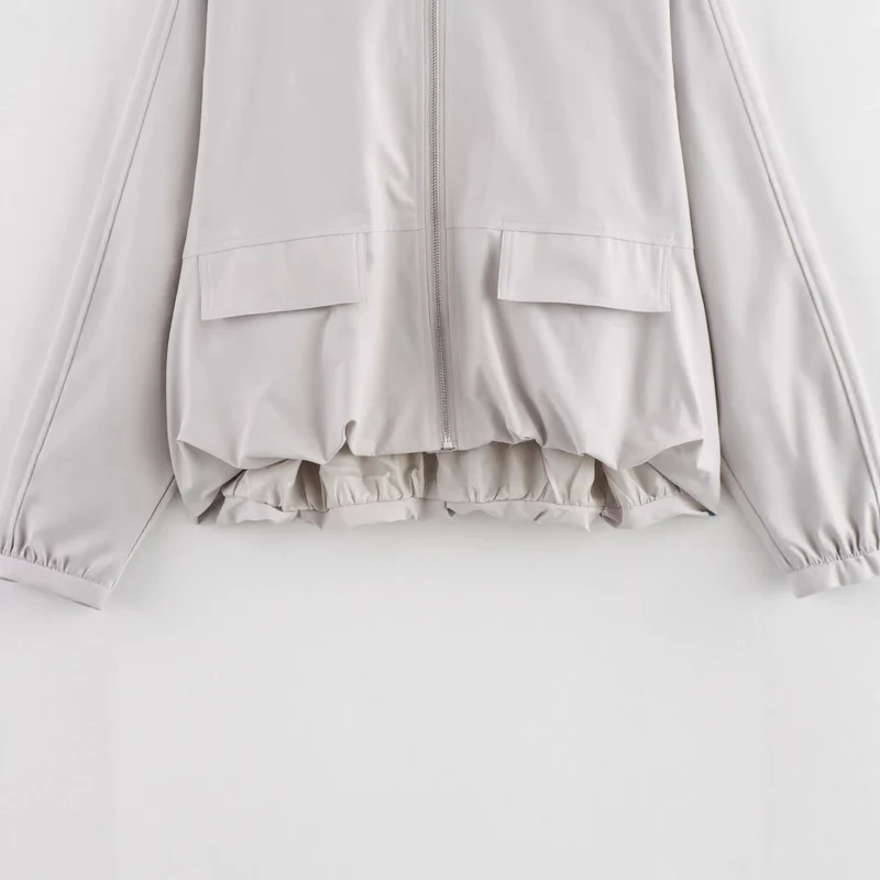 Damen Leichte Cropped-Workerjacke ohne Kragen mit Frontreißverschluss und Pattentaschen Nord Taschen