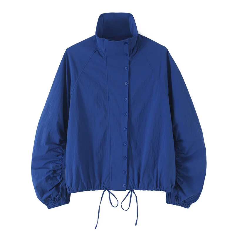 Damen Leichte Cropped-Übergangsjacke mit Stehkragen, weiten Raglanärmeln und Tunnelzug Nord Taschen