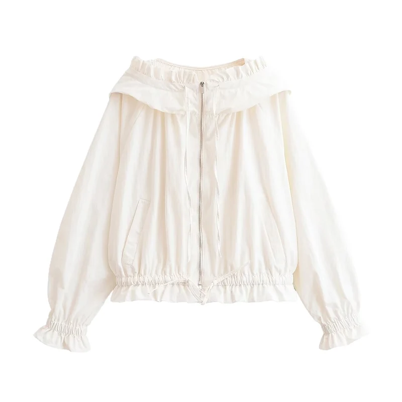 Damen Leichte Cropped-Übergangsjacke mit Rüschenkragen, Tunnelzug und Gummizugbündchen Nord Taschen