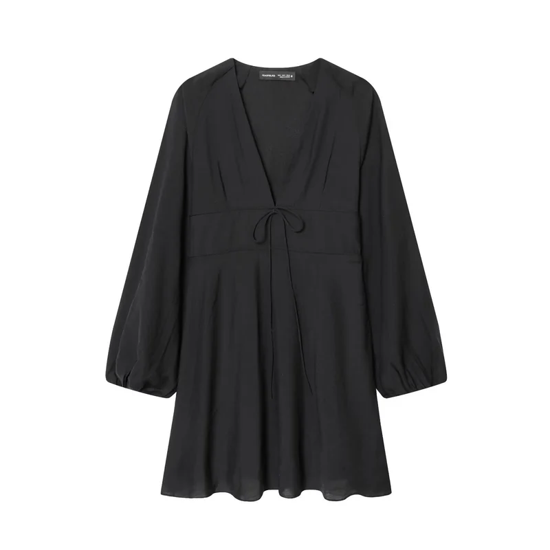 Damen Kurzkleid mit tiefem V‑Ausschnitt, Empire‑Taillenband und weiten Ballonärmeln Nord Taschen