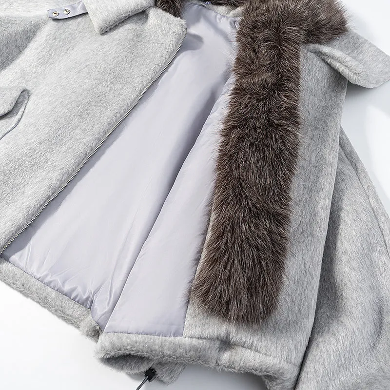 Damen Kurzjacke mit voluminösem Kunstfellkragen und Oversize-Schnitt Nord Taschen