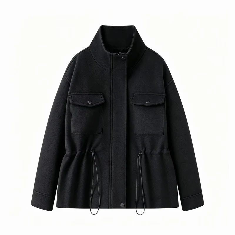 Damen Kurzjacke mit Tunnelzug, hohem Stehkragen und aufgesetzten Pattentaschen Nord Taschen