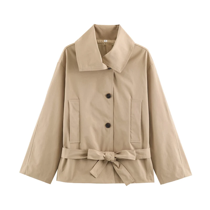 Damen Kurzjacke mit Taillengürtel, boxy Schnitt und breitem Hemdkragen Nord Taschen
