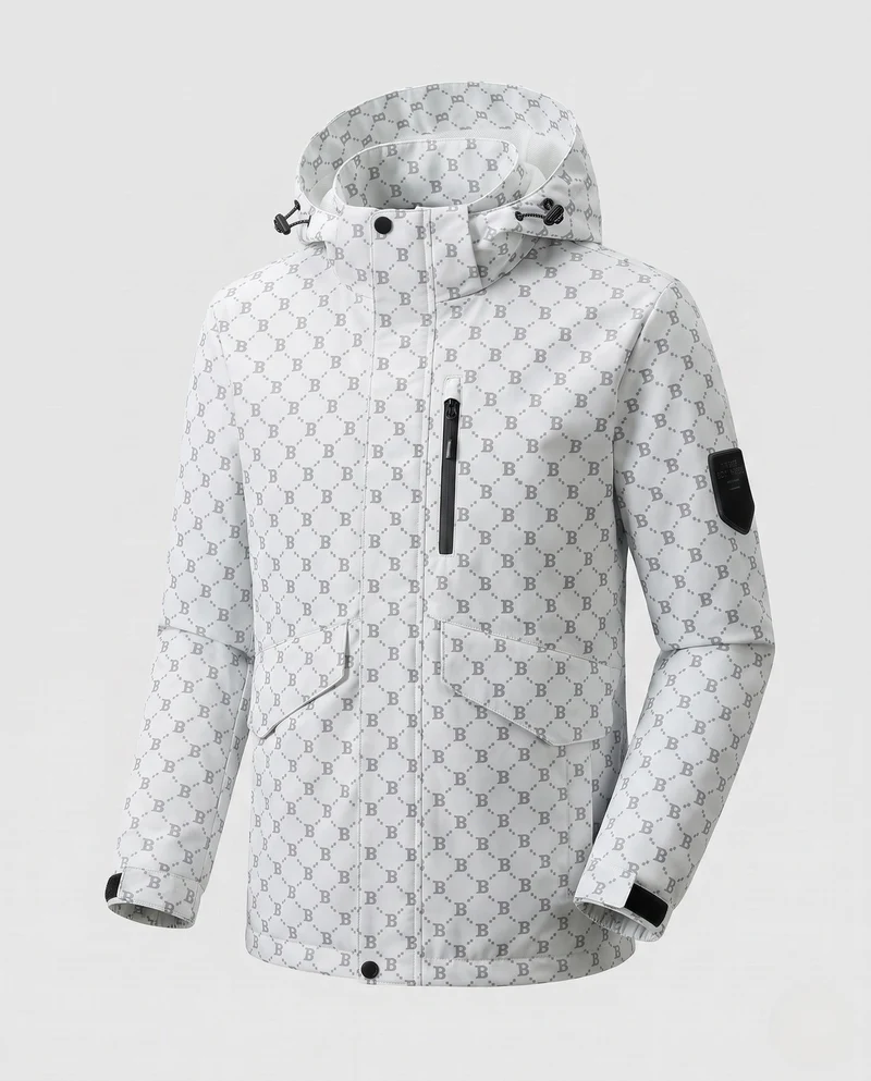 Herren Parka mit Kapuze aus wasserabweisendem Nylonmix mit Allover-Monogramm und Multifunktionstaschen Nord Taschen
