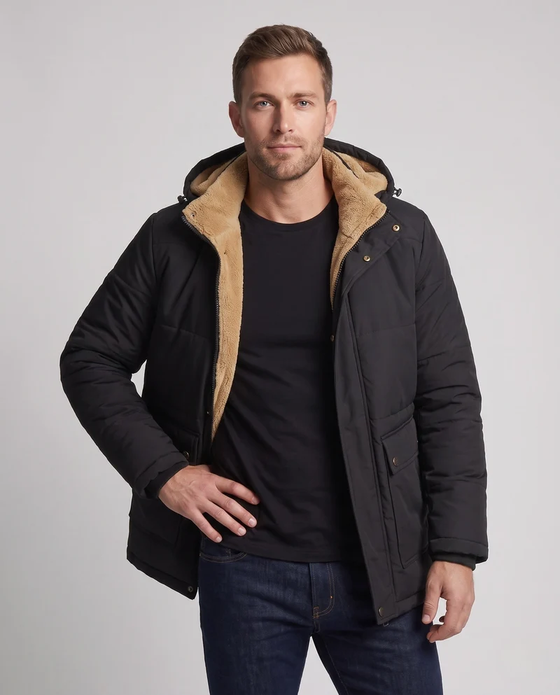 Herren Parka mit Kapuze und ganzflächigem Teddyfleece-Futter sowie thermischer Isolierung Nord Taschen
