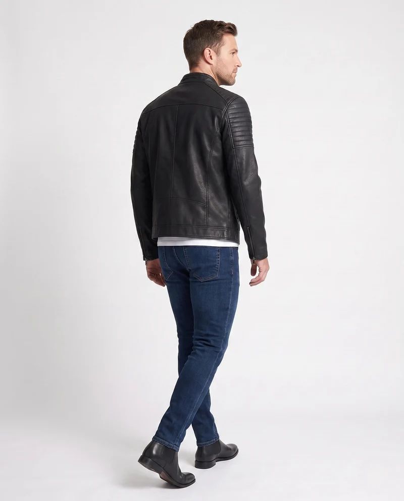 Männer Faux-Leder Bikerjacke mit gesteppten Schultern und Stehkragen Nord Taschen