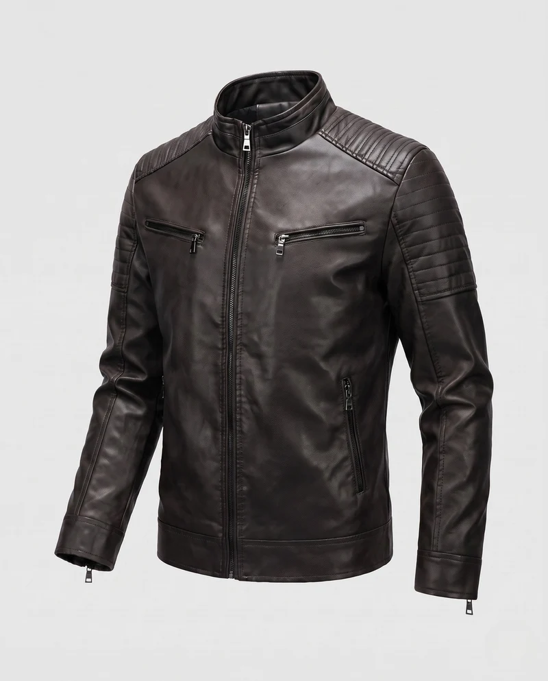 Männer Faux-Leder Bikerjacke mit gesteppten Schultern und Stehkragen Nord Taschen