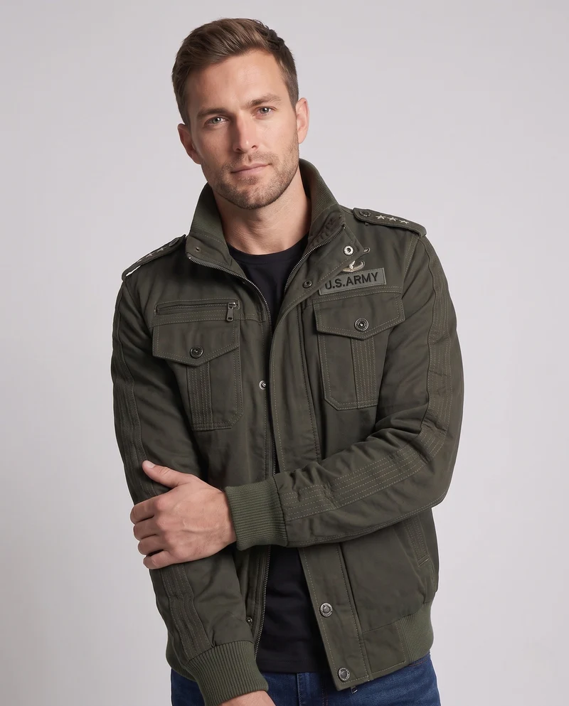 Herren Baumwollfeldjacke im Military-Stil mit Stehkragen, Schulterklappen und mehreren Taschen Nord Taschen