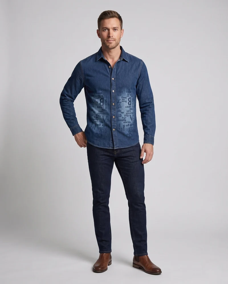 Herren Druck-Denim-Hemd im Overshirt-Stil mit Knopfleiste und lässiger Passform Nord Taschen