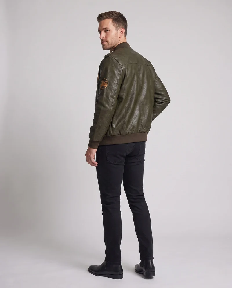 Herren Biker-Stil Kunstleder Bomberjacke mit gefüttertem Thermoinnenfutter und bestickten Applikationen Nord Taschen