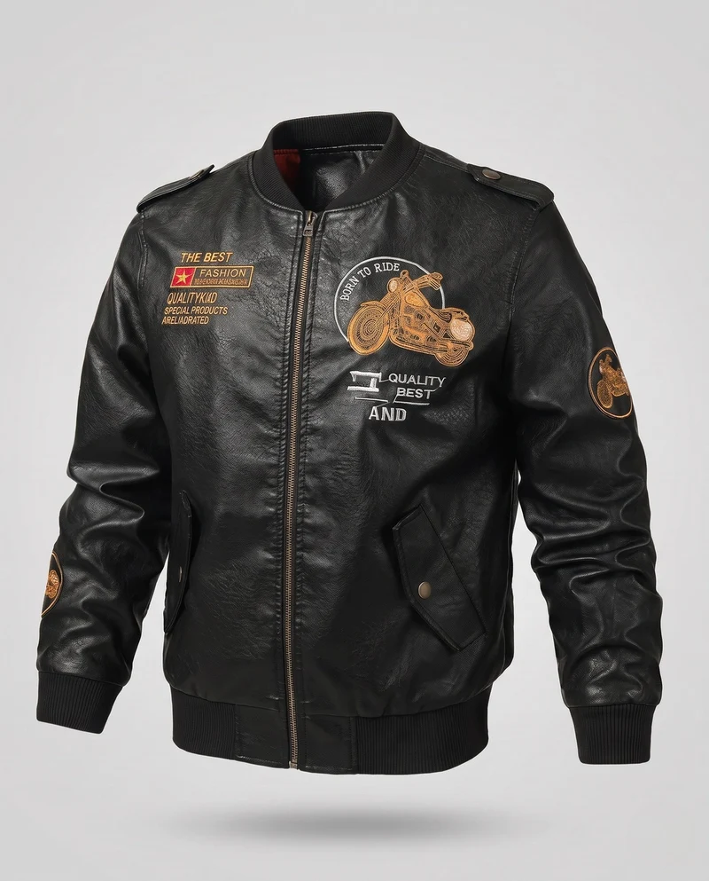 Herren Biker-Stil Kunstleder Bomberjacke mit gefüttertem Thermoinnenfutter und bestickten Applikationen Nord Taschen