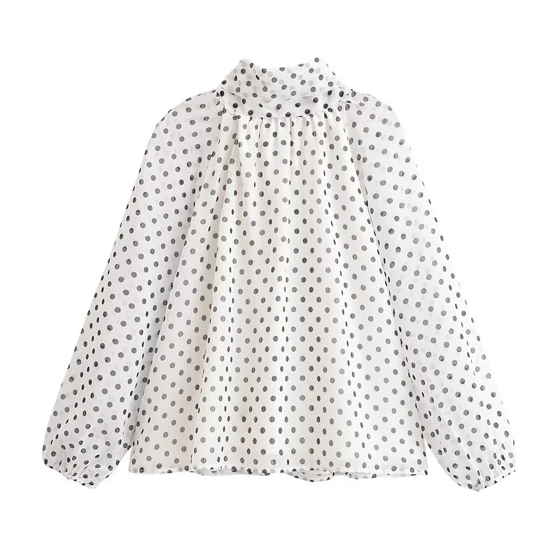 Damen Leichte Chiffonbluse mit Stehkragen, Volumenärmeln und Polka-Dot-Print Nord Taschen