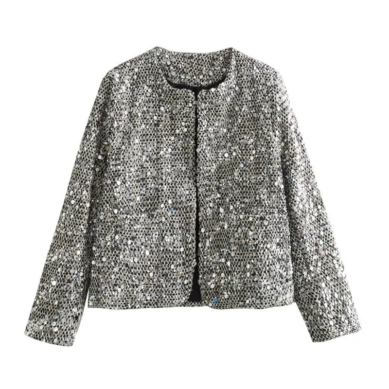 Damen Kurzjacke mit Paillettenbesatz und Bouclé-Struktur Nord Taschen