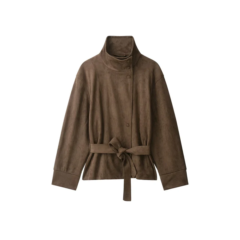 Damen Kurzjacke in Wildlederoptik mit hohem Funnelkragen und Bindegürtel Nord Taschen