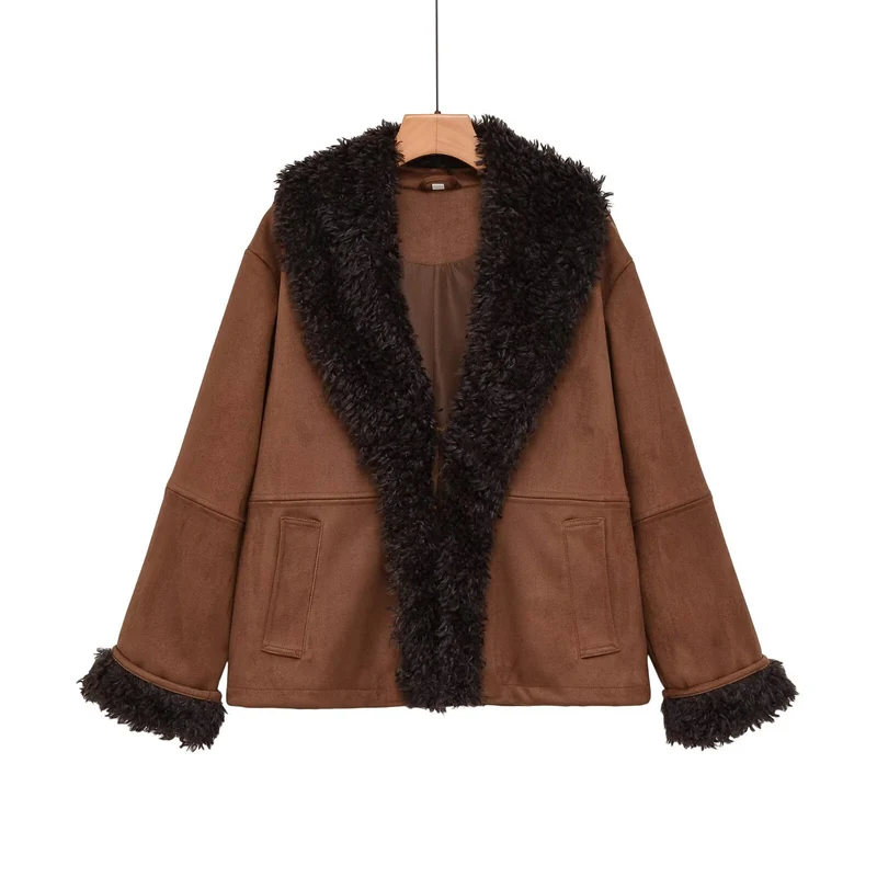 Damen Kurzjacke in Lammfelloptik mit voluminösem Schalkragen Nord Taschen