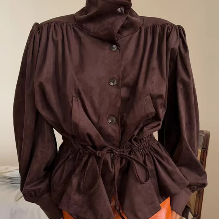 Damen Kurzjacke im Velours‑Suede‑Look mit Stehkragen, Tunnelzug und Ballonärmeln Nord Taschen