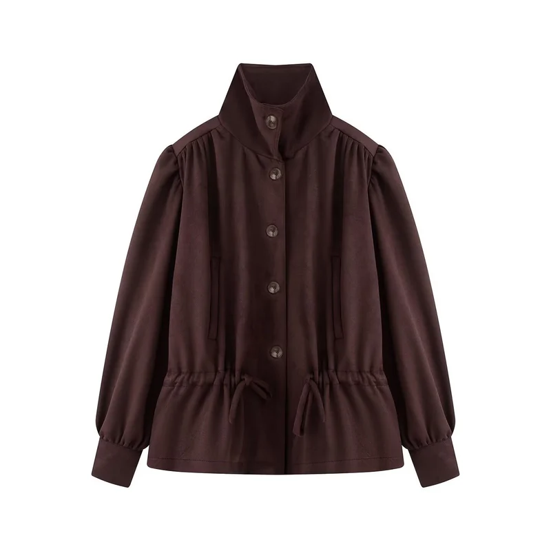 Damen Kurzjacke im Velours‑Suede‑Look mit Stehkragen, Tunnelzug und Ballonärmeln Nord Taschen