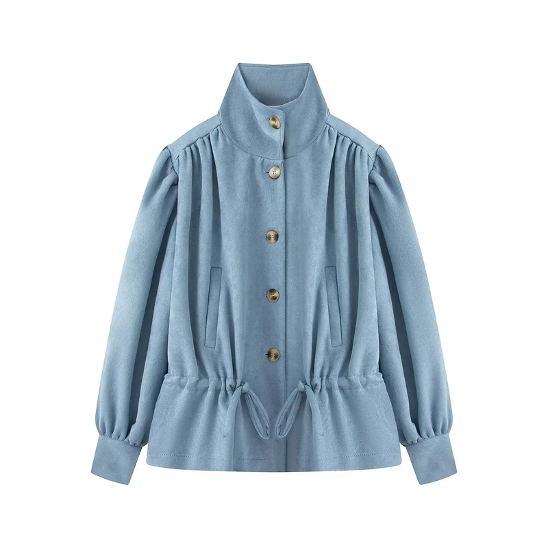 Damen Kurzjacke im Velours‑Suede‑Look mit Stehkragen, Tunnelzug und Ballonärmeln Nord Taschen