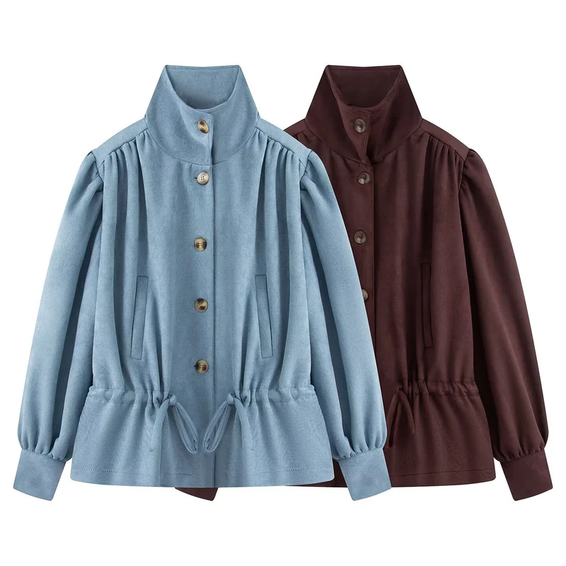 Damen Kurzjacke im Velours‑Suede‑Look mit Stehkragen, Tunnelzug und Ballonärmeln Nord Taschen