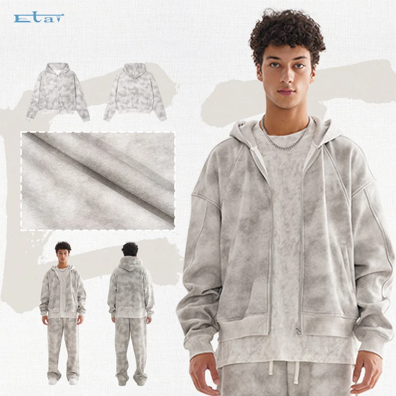 Unisex Kurz geschnittene Reißverschluss-Kapuzenjacke aus French-Terry mit Cloud-Dye-Effekt und Raglannähten Nord Taschen