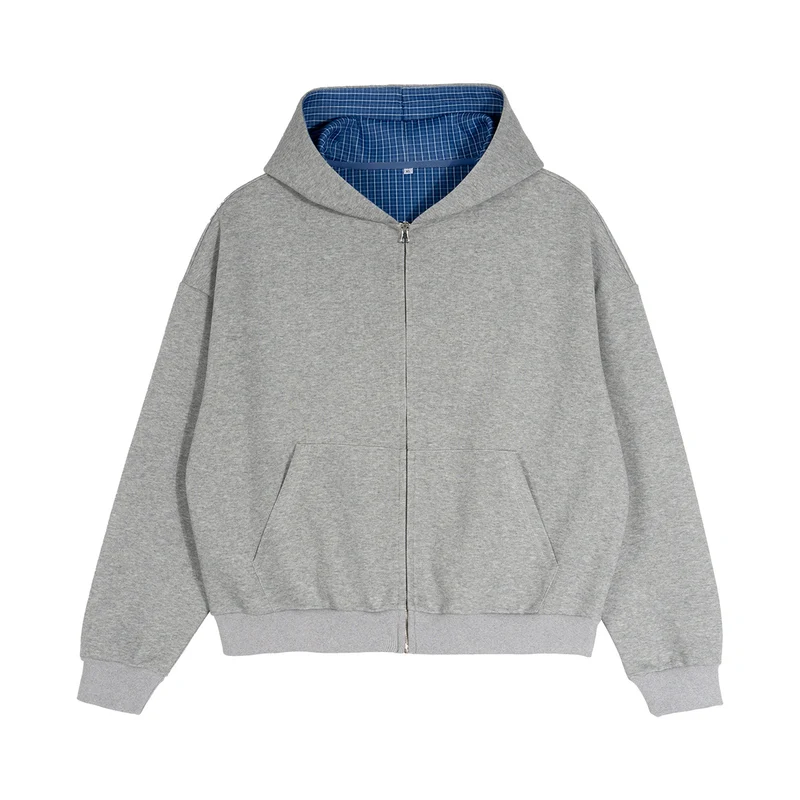 Unisex Kurz geschnittene Oversize-Kapuzenjacke mit durchgehendem Reißverschluss, kariert gefütterter Kapuze und Kängurutasche Nord Taschen