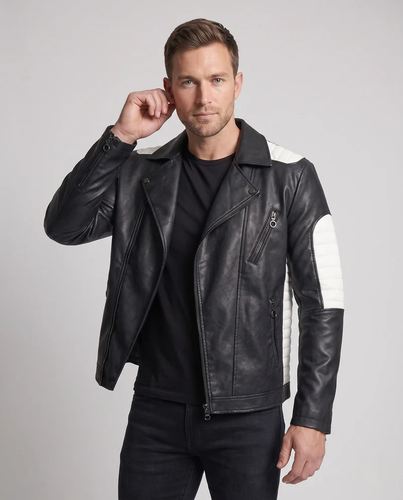 Herren Kunstleder Bikerjacke mit gestepptem Schulter- und Ärmel-Design und thermischer Fütterung Nord Taschen