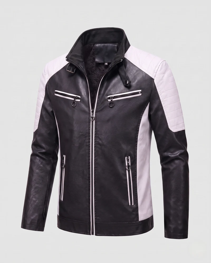 Herren Kunstleder Bikerjacke mit Teddyfutter, Stehkragen und dekorativem Riemen Nord Taschen