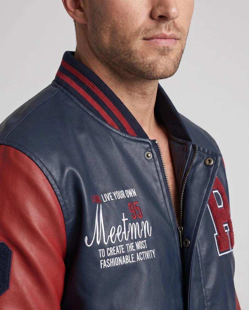 Herren Kunstleder College Bomberjacke mit gesticktem Patch und gerippten Bündchen Nord Taschen