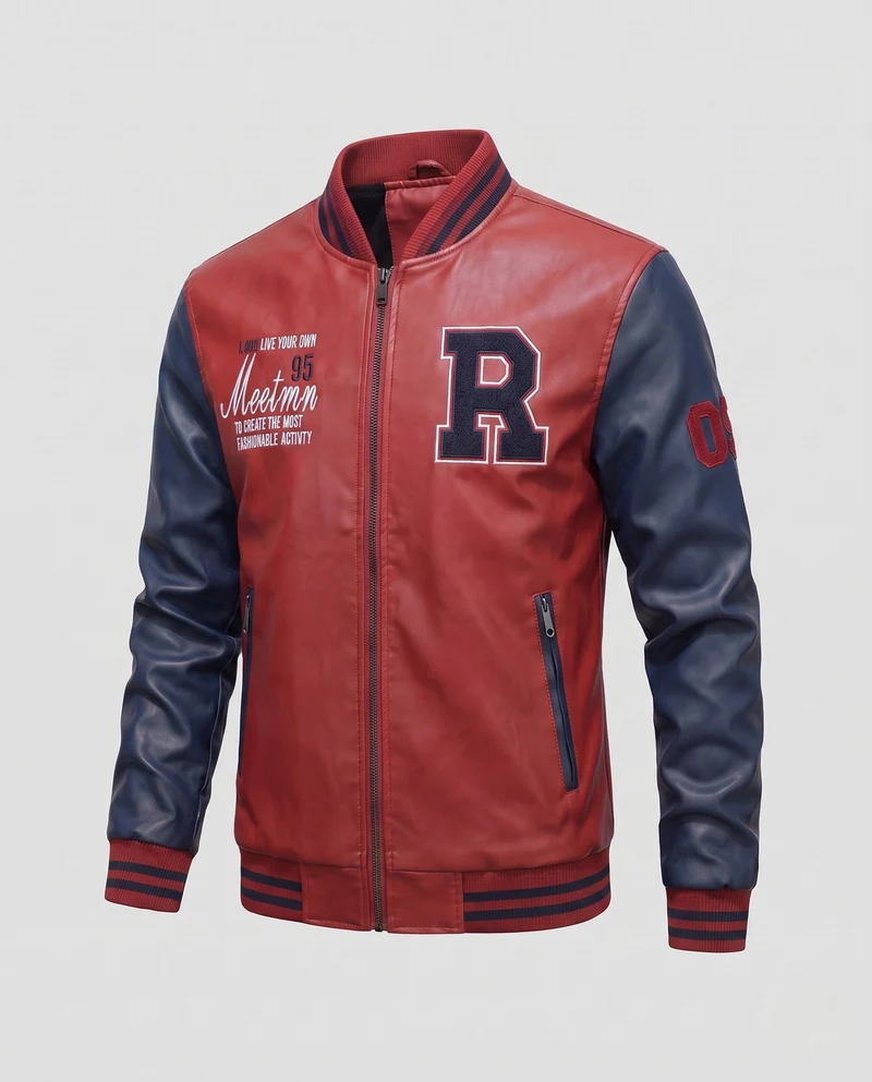 Herren Kunstleder College Bomberjacke mit gesticktem Patch und gerippten Bündchen Nord Taschen