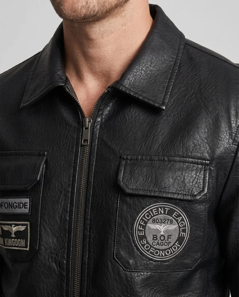 Herren Faux-Leder Field-Jacke im Pilotenstil mit Utility-Taschen und Patch-Details Nord Taschen