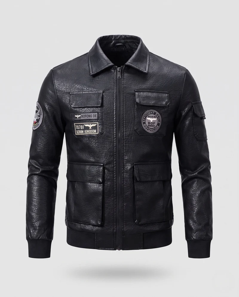 Herren Faux-Leder Field-Jacke im Pilotenstil mit Utility-Taschen und Patch-Details Nord Taschen