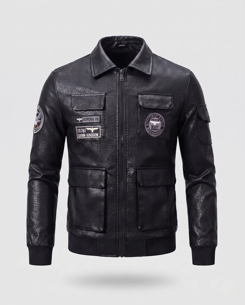 Herren Faux-Leder Field-Jacke im Pilotenstil mit Utility-Taschen und Patch-Details Nord Taschen