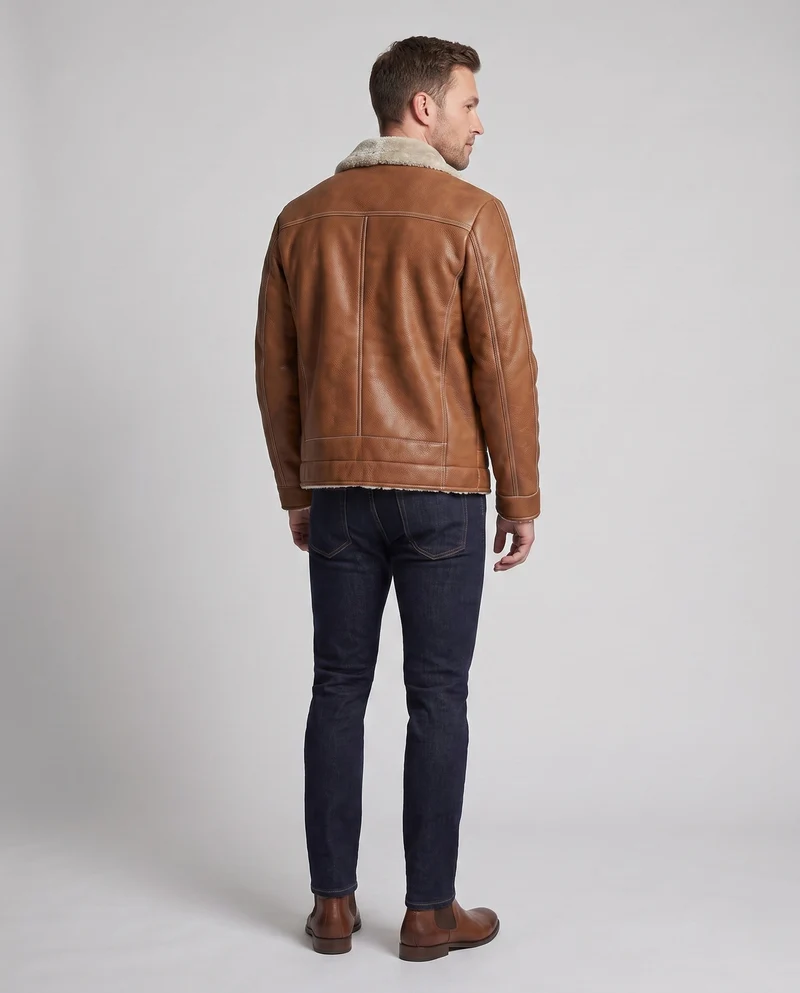 Herren Pilotenjacke aus Kunstleder mit Teddyfutter, Reißverschluss und dekorativen Nähten Nord Taschen