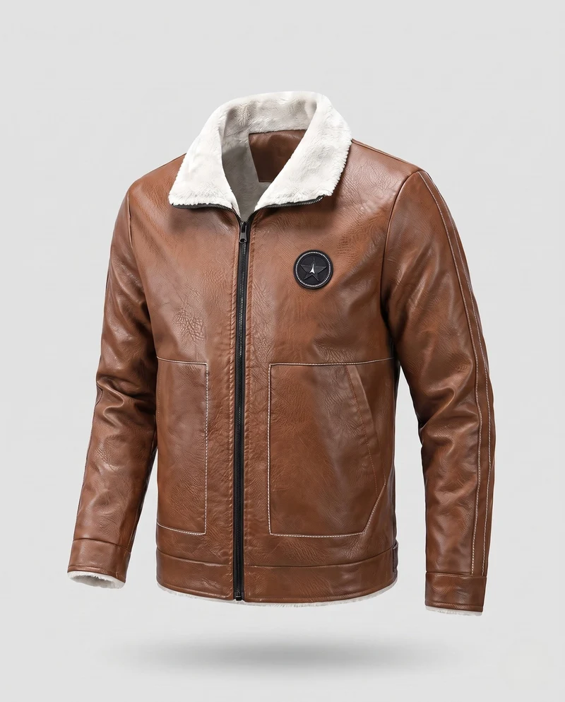 Herren Pilotenjacke aus Kunstleder mit Teddyfutter, Reißverschluss und dekorativen Nähten Nord Taschen