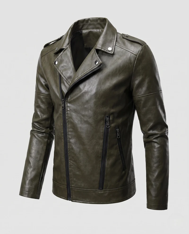 Herren Kunstleder Motorradjacke Slim Fit mit Schulterklappen und dekorativen Reißverschlüssen Nord Taschen