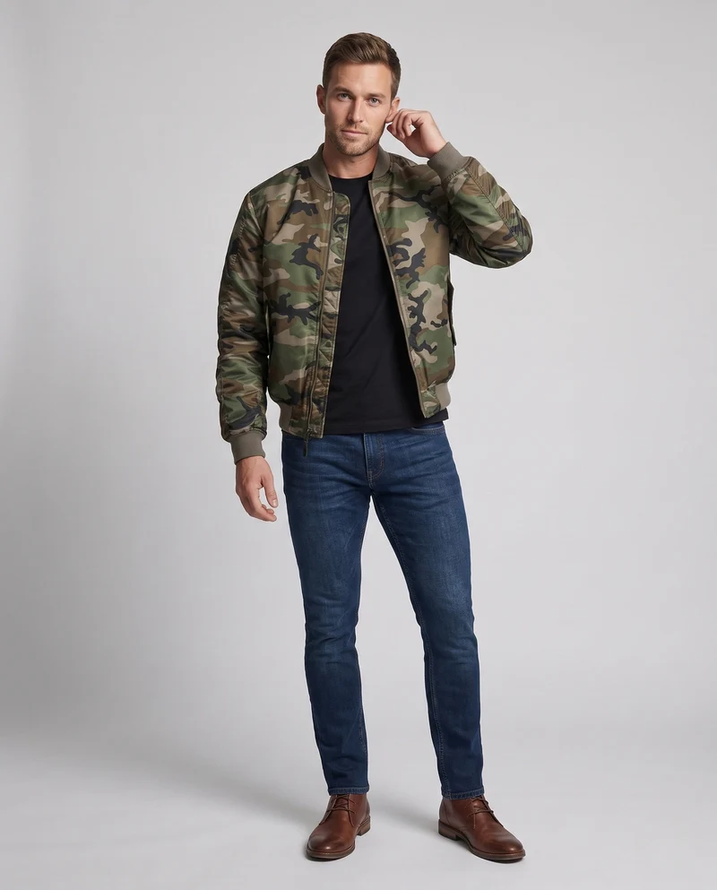 Herren Camouflage Flug-Bomberjacke mit Utility-Armtasche und gerippten Bündchen Nord Taschen