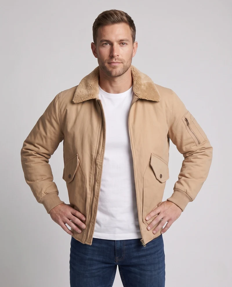 Herren Canvas Bomberjacke mit Teddykragen, Ärmeltasche und winddichter Außenschicht Nord Taschen