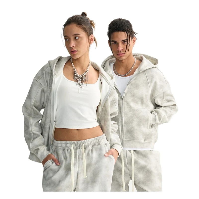 Unisex Boxy-Reißverschluss-Hoodie mit Nebel-Waschung und Raglanärmeln Nord Taschen