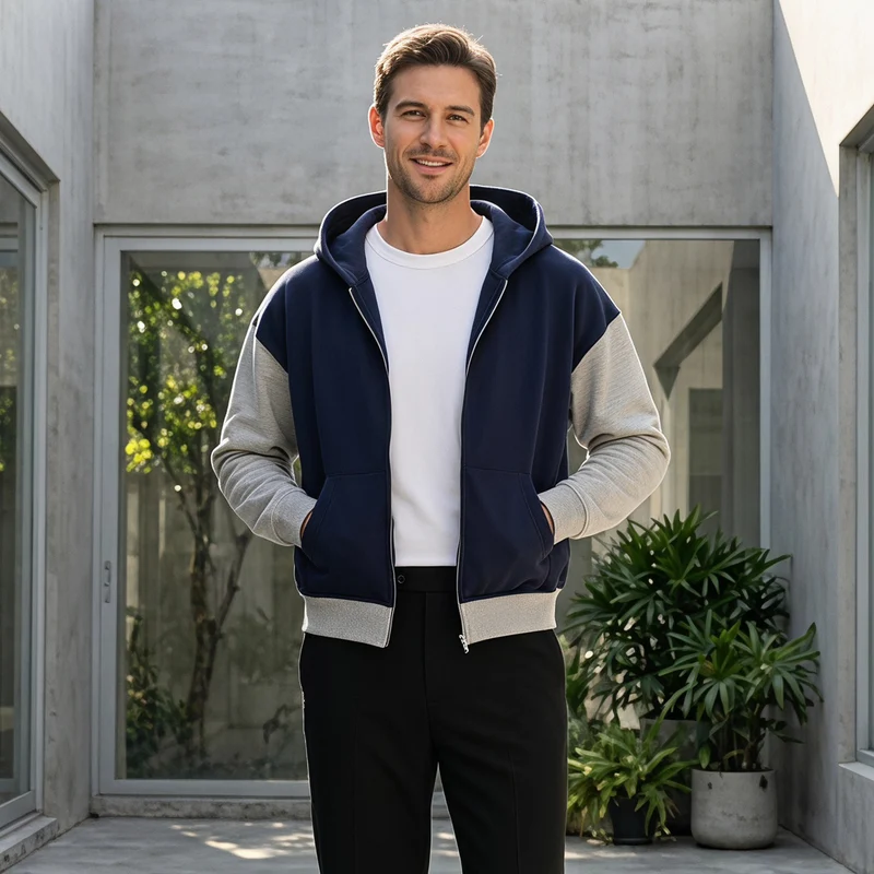 Herren Reißverschluss-Kapuzenjacke im Colorblock-Stil aus French-Terry mit Kängurutasche Nord Taschen