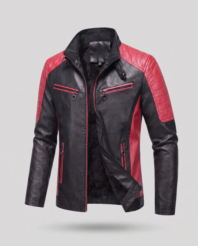 Herren Kunstleder Pilotjacke mit Sherpa-Futter und Stehkragen Nord Taschen