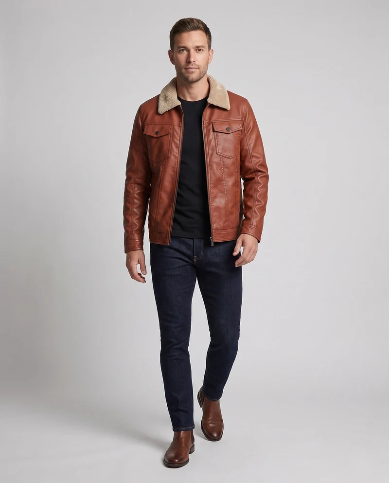 Männer Jacke aus Kunstleder mit Teddykragen und Reißverschluss Nord Taschen