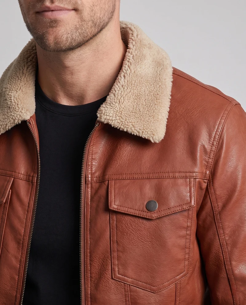 Männer Jacke aus Kunstleder mit Teddykragen und Reißverschluss Nord Taschen
