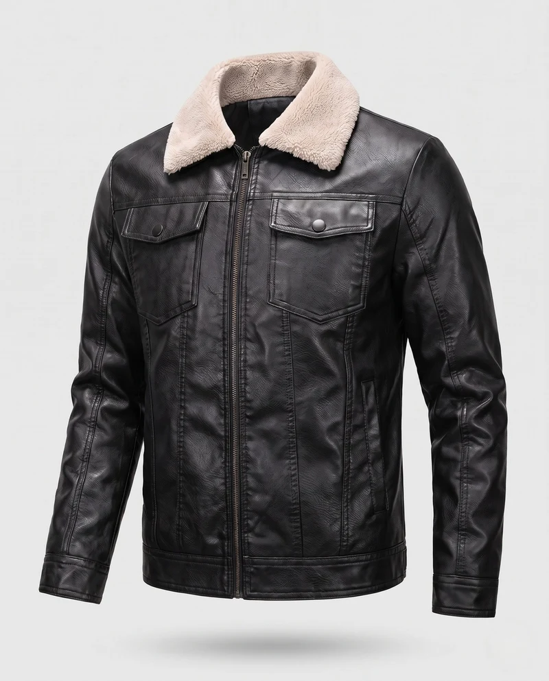 Männer Jacke aus Kunstleder mit Teddykragen und Reißverschluss Nord Taschen